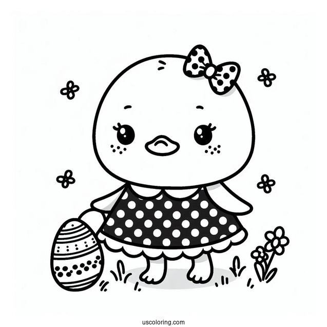 Kawaii Duck In Pola Dot Dress In Easter Coloring Page