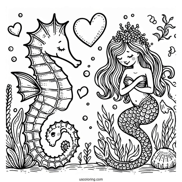 Seahorse And Mermaid With Love Heart To Color