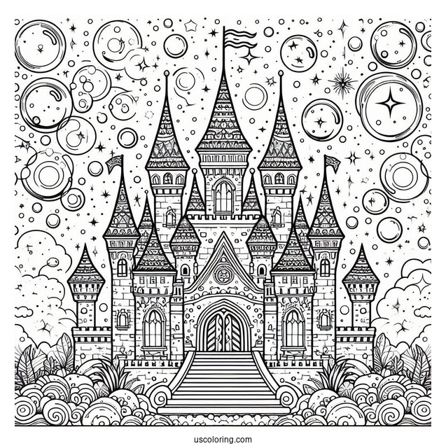 Magical Castle Coloring Page With Bubbly Background