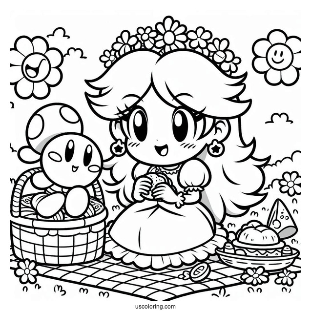 Cute Princess Daisy Coloring Page Having Picnic With Kirby