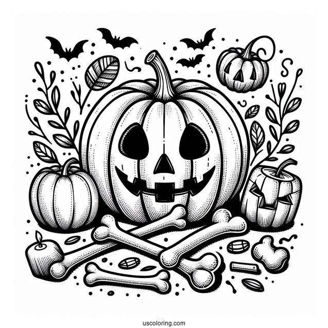 Pumpkin Coloring Page With Happy Halloween In Bones To Color
