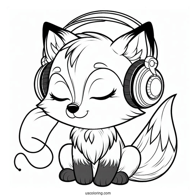 Fox Listening To Music With His Headphones Coloring Sheet