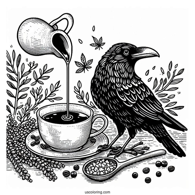 Raven Coloring Page Adding Syrup To Coffee