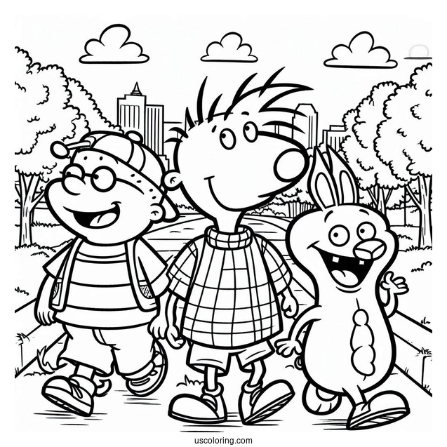 Nickelodeon Coloring Page Of Doug, Skeeter, And Porkchop Walking In Park
