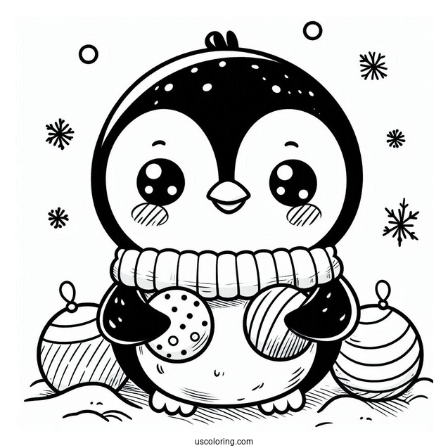 Cute Baby Penguin With Snow Balls Coloring In