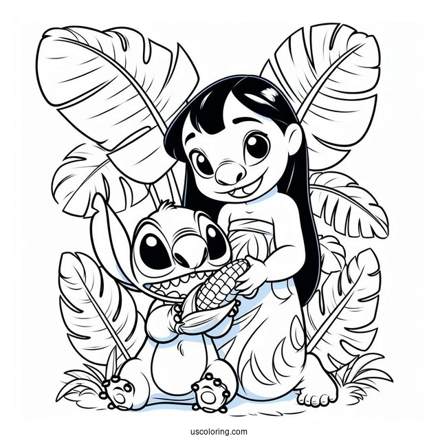 Coloring Page Of Lilo And Stitch With Banana Leaves