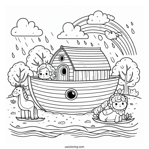 Cute Cartoon Noah's Ark Coloring Page For Kids