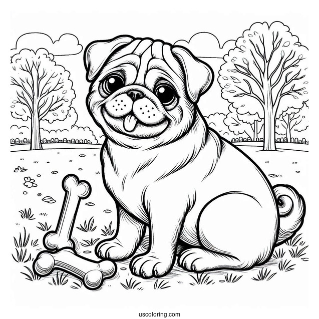 Pug In a Park With Bone To Color