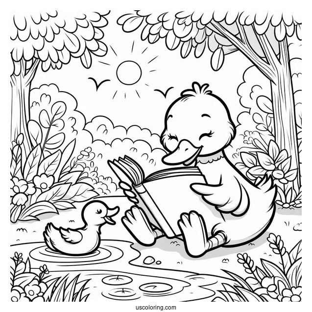 Smart Duck Reading by the Pond Coloring Page