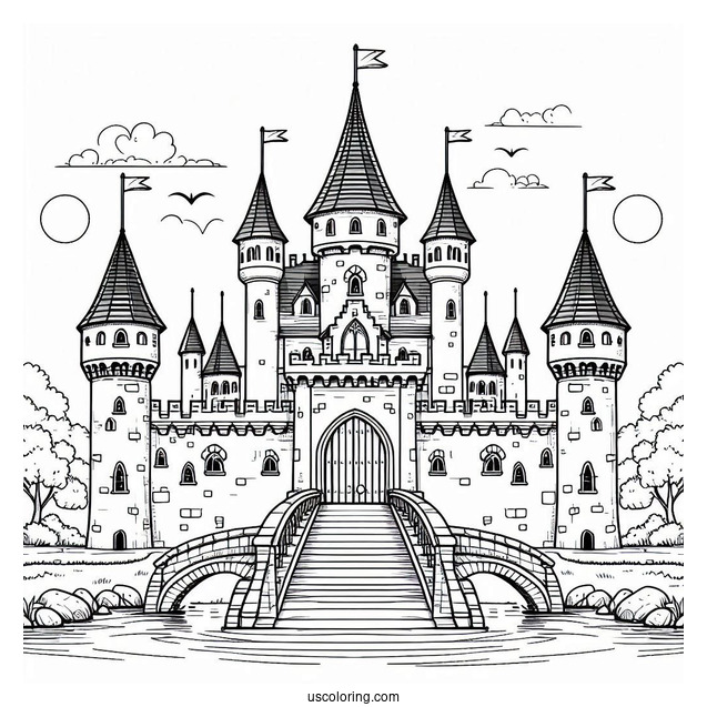 Front View Of A Castle Coloring Page With Bridge And Moat