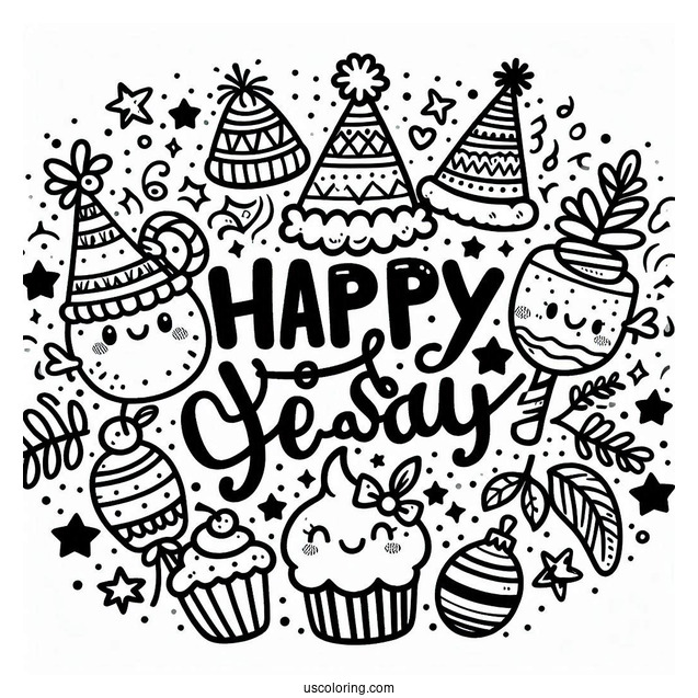 Simple Happy New Year Coloring Page Of Words With Cartoon Party Hats For Kids