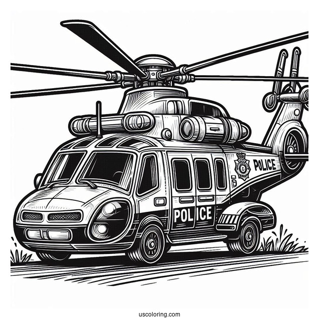 Helicopter Hovering Above A Police Car Coloring Page