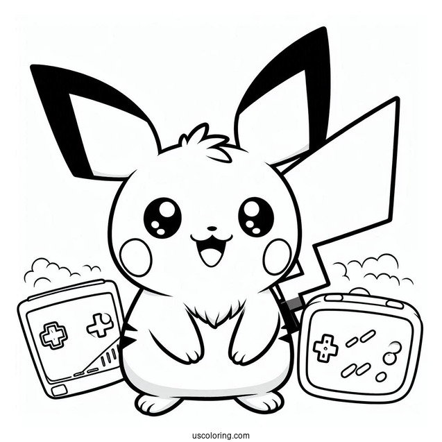 Smiling Pichu Coloring Page With Game Boy In The Background