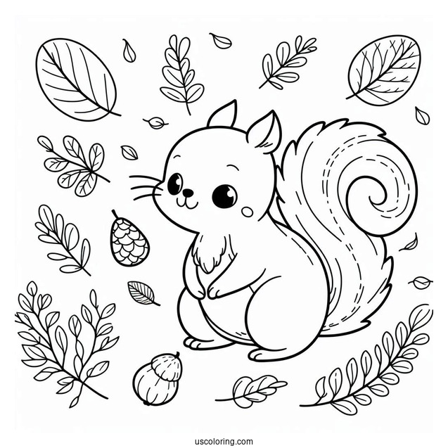 Simple Squirrel Coloring Page Outline In Fall For Kids