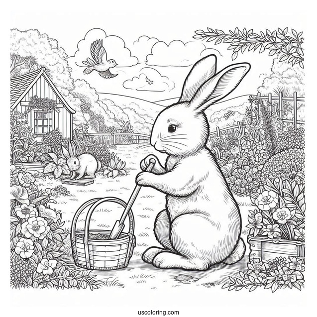 Detailed Peter Rabbit Coloring Page In The Garden For Kids