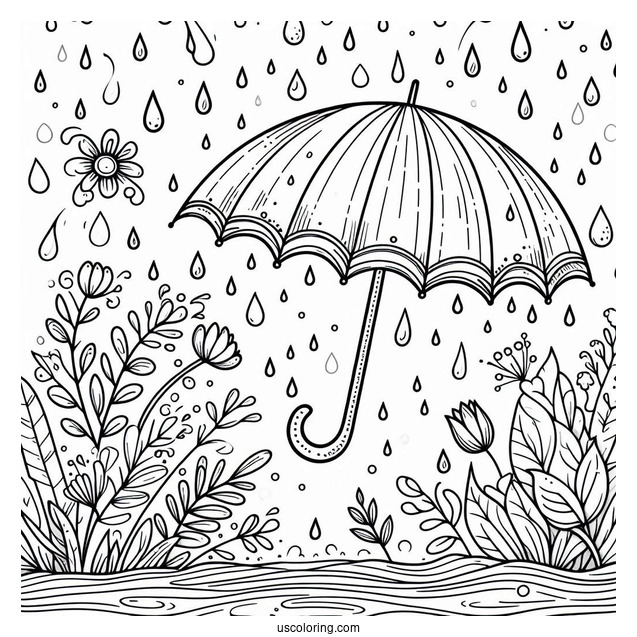 Rain Coloring Page Falling On Umbrella