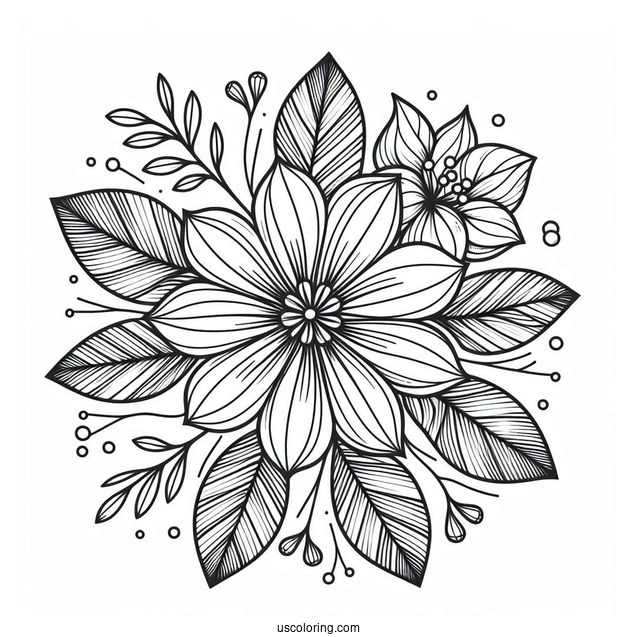 Detailed Flower Mandala With Loose Petals And Leaves Coloring Page