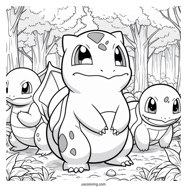 Bulbasaur Coloring Page With Charmander And Squirtle In Forest