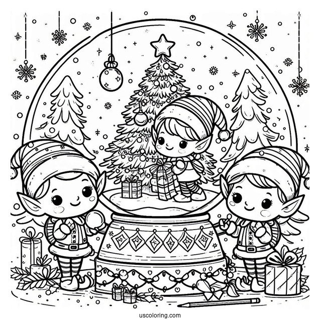 Cute Elves Decorating A Christmas Tree Snow Globe Coloring Page