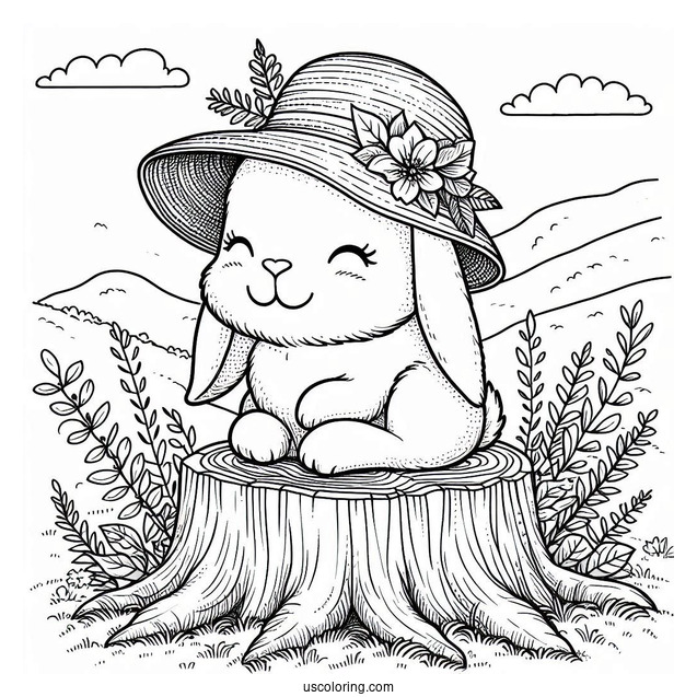 Rabbit Coloring Page With A Hat Sitting On A Tree Stump