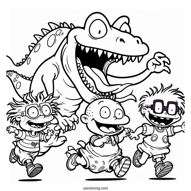 Rugrats Coloring Page Of Reptar Chasing Chuckie And Tommy Rugrats For Kids
