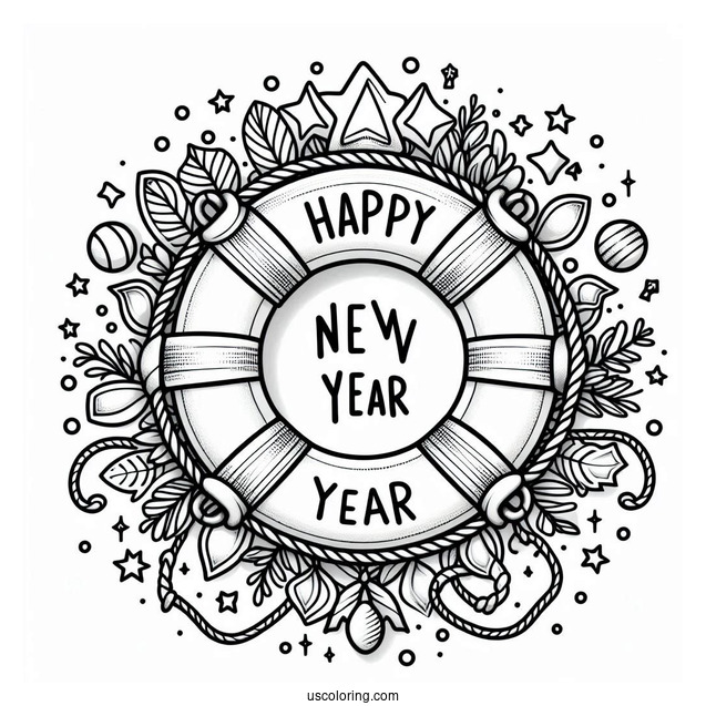 Life Buoy Ring With Happy New Year Coloring Page Of Words And Stars