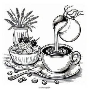 Milk Being Poured Into Coffee Coloring Pages Of Cup With Dessert On Table