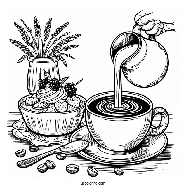 Milk Being Poured Into Coffee Coloring Pages Of Cup With Dessert On Table