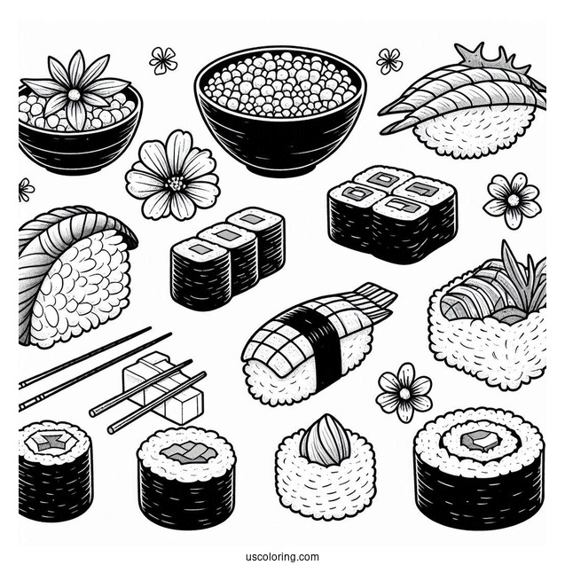 Full Page Temari, Nigiri, Maki, Gunkan Maki, And Inari Sushi Coloring Pages