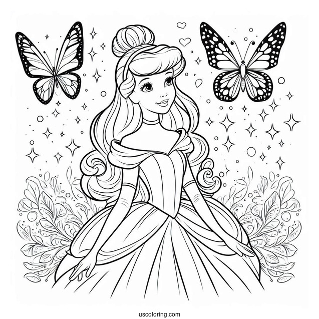 Princess Cinderella Coloring Page With Butterfly Background