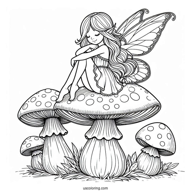 Beautiful Fairy Lounging On Top Of A Mushroom Coloring Page