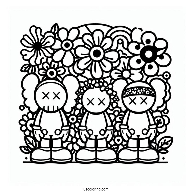 KAWS Coloring Page Companion With Retro Hippie Flower Background