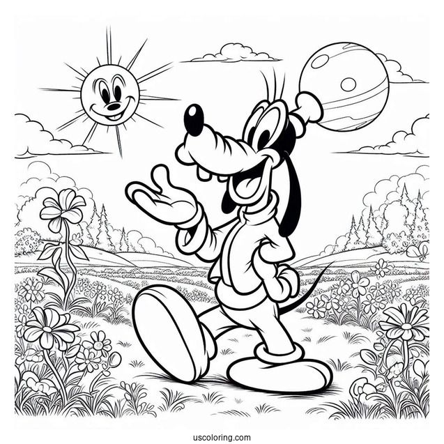 Goofy Standing With Pluto Coloring Page In Field