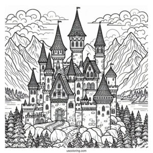 Castle Coloring Page In The Mountains