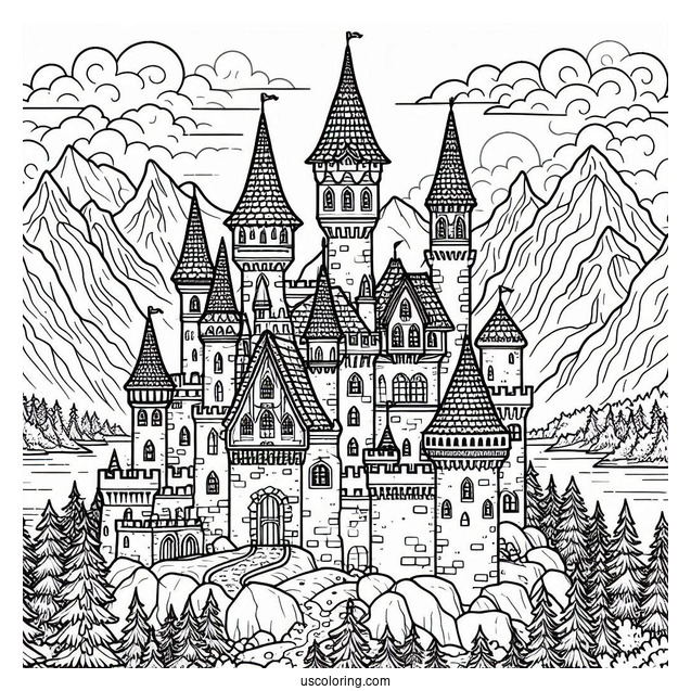 Castle Coloring Page In The Mountains