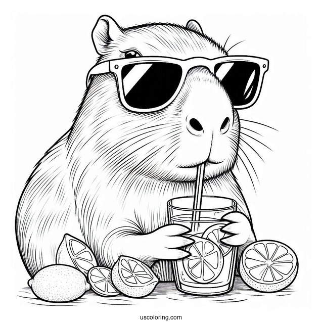 Capybara Coloring Page Wearing Sunglasses And Drinking Lemonade