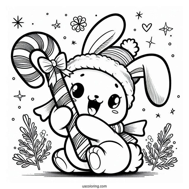 Excited Rabbit Hugging A Candy Cane Coloring Page In Winter For Kids