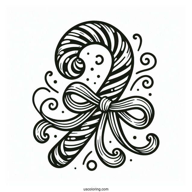 Swirly Candy Cane Coloring Page With Ribbon