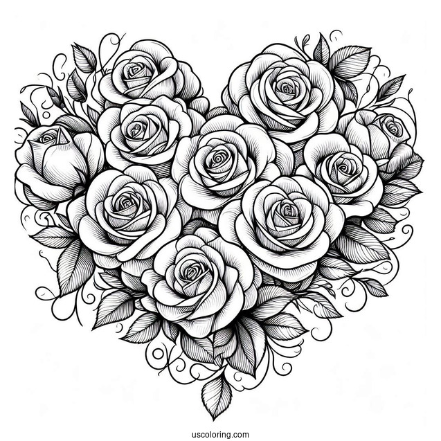 Love Heart Shape Made Of Roses To Color