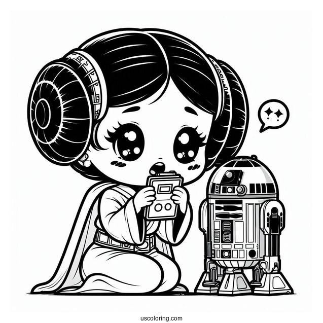 Chibi Princess Leia Recording Message Through R2-D2 Coloring Page