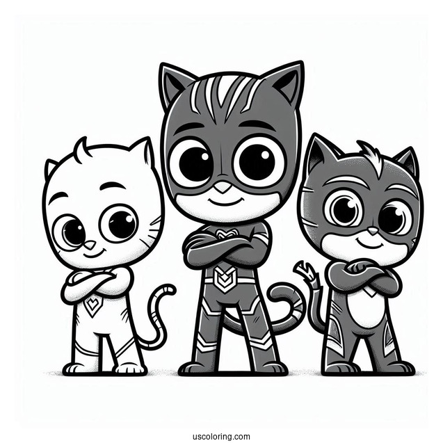 PJ Masks Coloring Page Of Simple Owlette, Gekko, And Catboy Standing With Arms Crossed