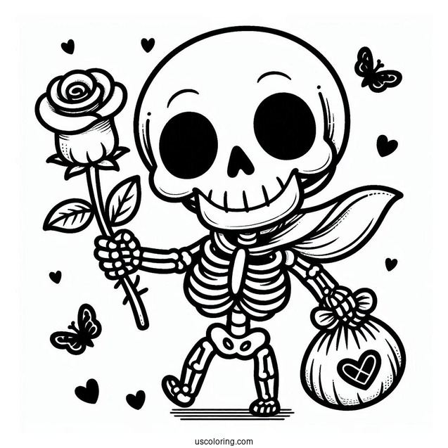 Happy Skeleton Coloring Page Holding Rose