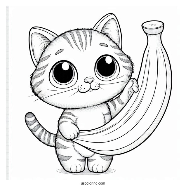 Tabby Cat Holding Up A Banana Coloring Page For Kids
