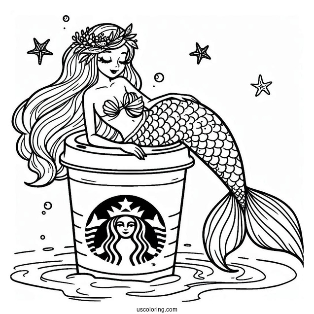Beautiful Mermaid Resting On Top Of A Starbucks Coloring Page Cup Under The Sea