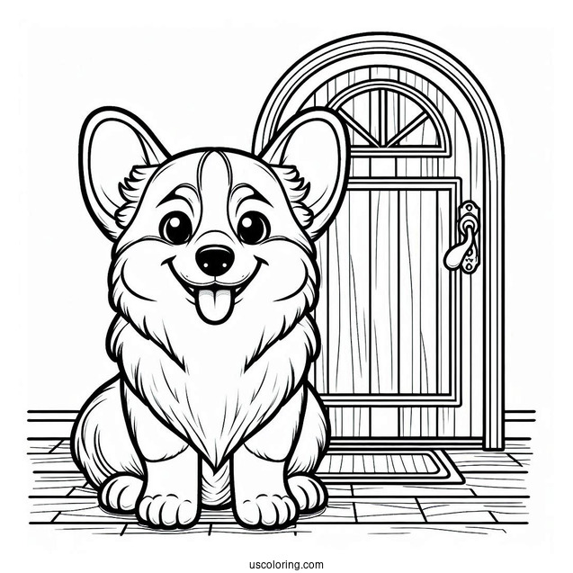 Smiling Corgi In Front Of Door To Color
