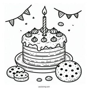 Cookie Birthday Cake With Candle Coloring Page For Kids