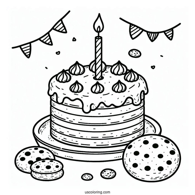 Cookie Birthday Cake With Candle Coloring Page For Kids