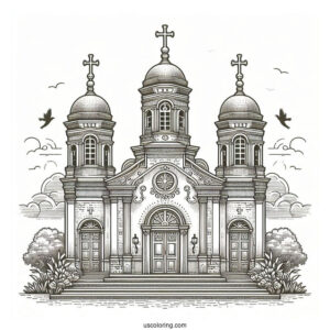 Realistic Church Coloring Page With Three Crosses At The Top