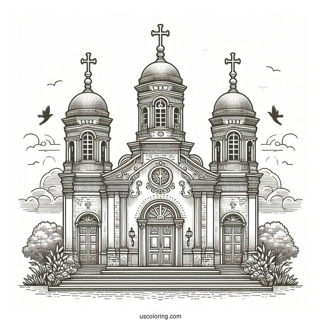 Realistic Church Coloring Page With Three Crosses At The Top