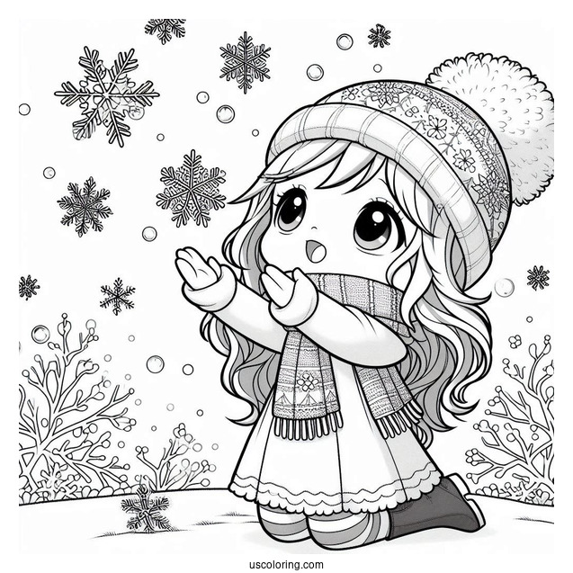 Little Girl Trying To Catch Snowflake Coloring Page